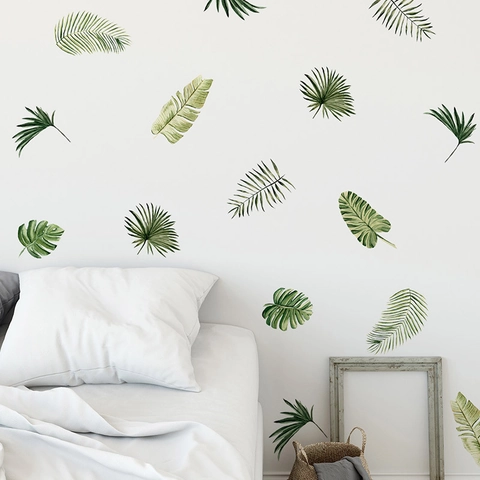 Stickers Muraux Feuilles Vertes Tropicales Monstera Feuille de Palmier PVC Amovibles Décalcomanies Murales pour Salon Chambre Décor