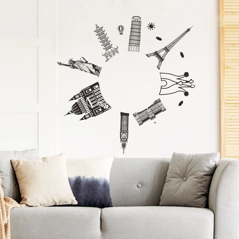 Moderner Globaler Wahrzeichen Silhouette PVC Wandaufkleber Weltberühmte Stadtgebäude Kreis Wandtattoo Für Haus Büro Deko