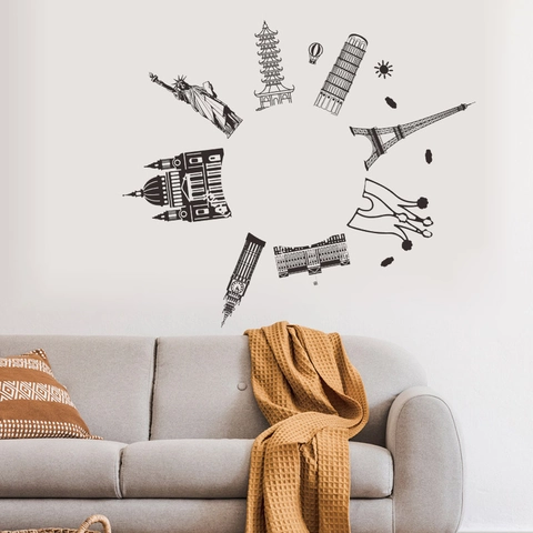 Moderner Globaler Wahrzeichen Silhouette PVC Wandaufkleber Weltberühmte Stadtgebäude Kreis Wandtattoo Für Haus Büro Deko