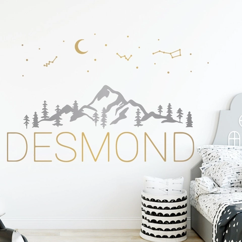 Berg Kiefernwald Mond Stern Konstellation PVC Wandaufkleber Grau Gold DIY Wandbild Für Kinderzimmer Dekoration
