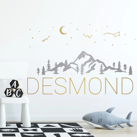 Berg Kiefernwald Mond Stern Konstellation PVC Wandaufkleber Grau Gold DIY Wandbild Für Kinderzimmer Dekoration