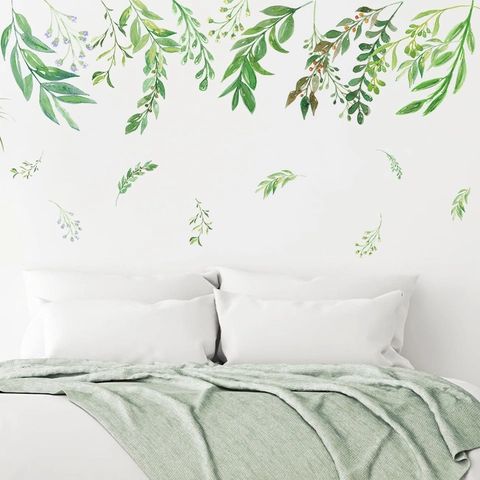 Pastoral Frische Grüne Blätter Wandtattoo Aquarell Botanische Ranken PVC Abnehmbare Aufkleber Für Wohnzimmer Dekor
