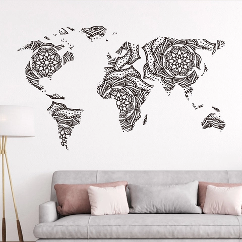 Mandala Stijl Wereldkaart Muursticker PVC Zelfklevend Zwart Bohemian Kaart Muurschildering Voor Woonkamer Slaapkamer Kantoor Home Decor