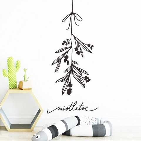 Nordic Minimalist Black Mistletoe Branch Wall Sticker PVC Self Adhesive Hand Drawn Botanical Plant Decal For Home Decor