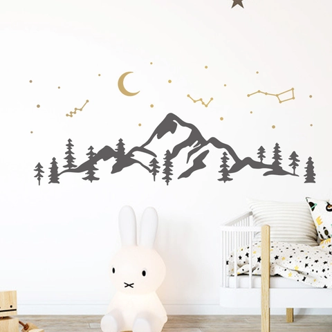 Adesivo da Parete in Stile Nordico Con Montagna E Foresta di Pini Luna Dorata Costellazione Stelle Adesivo in PVC