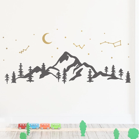 Adesivo da Parete in Stile Nordico Con Montagna E Foresta di Pini Luna Dorata Costellazione Stelle Adesivo in PVC
