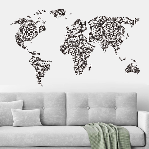 Mandala Stijl Wereldkaart Muursticker PVC Zelfklevend Zwart Bohemian Kaart Muurschildering Voor Woonkamer Slaapkamer Kantoor Home Decor