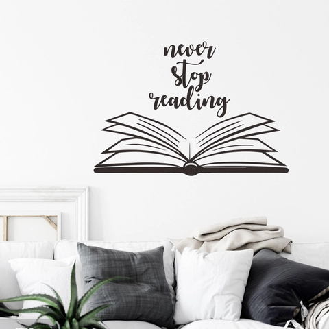 Never Stop Reading Inspirational English Slogan Wall Sticker Modern Minimalist Open Book Design PVC Wall Decal For Study Room Decor