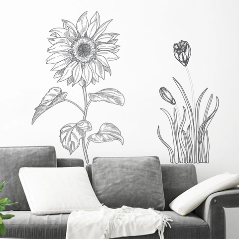 Adesivi Murali Schizzo di Girasole Minimalista Moderno in PVC Autoadesivo Line Art Botanica per Decorazione Soggiorno