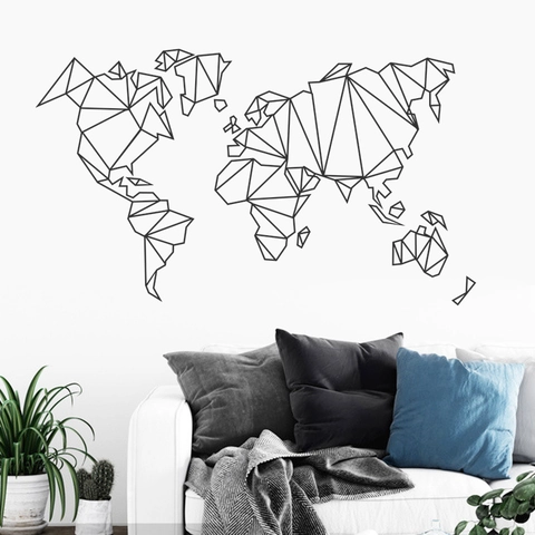Stickers Muraux Carte du Monde Géométrique Noir PVC Art Linéaire DIY Décalcomanies pour Salon Bureau Décoration Maison