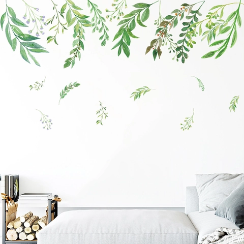 Pastoral Frische Grüne Blätter Wandtattoo Aquarell Botanische Ranken PVC Abnehmbare Aufkleber Für Wohnzimmer Dekor