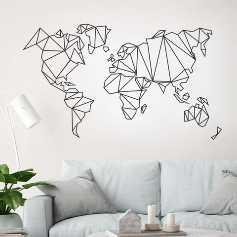 Stickers Muraux Carte du Monde Géométrique Noir PVC Art Linéaire DIY Décalcomanies pour Salon Bureau Décoration Maison