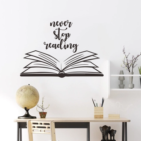 Never Stop Reading Inspirational English Slogan Wall Sticker Modern Minimalist Open Book Design PVC Wall Decal For Study Room Decor