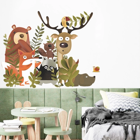 Nordische Cartoon Waldtiere Wandaufkleber Für Kinderzimmer Kindergarten Deko PVC Bär Hirsch Fuchs DIY Wandkunst Aufkleber