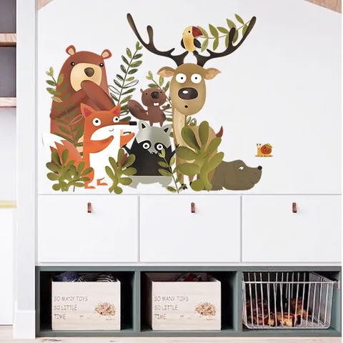Nordische Cartoon Waldtiere Wandaufkleber Für Kinderzimmer Kindergarten Deko PVC Bär Hirsch Fuchs DIY Wandkunst Aufkleber