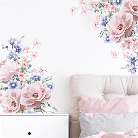 Aquarell Rosa Blau Blumen Wandaufkleber PVC Abnehmbare Pfingstrose Wandtattoo Für Schlafzimmer Wohnzimmer Haus Dekoration