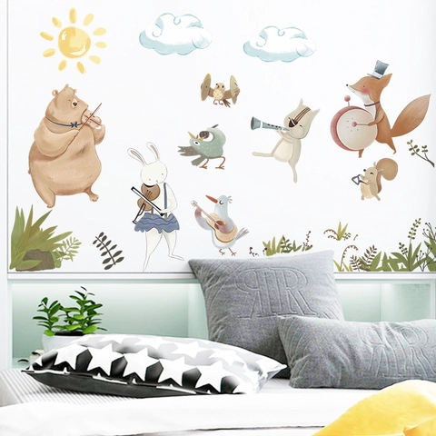 Watercolour Cartoon Animal Band Wall Stickers PVC DIY Music Forest Bear Fox Rabbit Decals For Kids Nursery Bedroom Home Decor