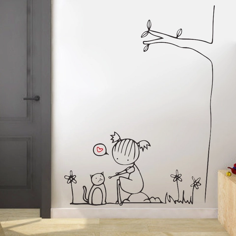 Minimalist Hand Drawn Cartoon Little Girl and Cat Under Tree PVC Wall Sticker For Kids Room Nursery Home Decor DIY Wall Decal