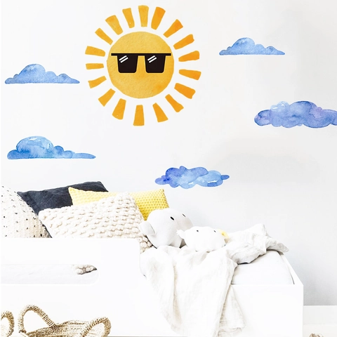 Adesivi Murali a Fumetti Sole E Nuvole ad Acquerello Decalcomanie da Parete in PVC Rimovibili per Camera dei Bambini Decorazione FX-D94