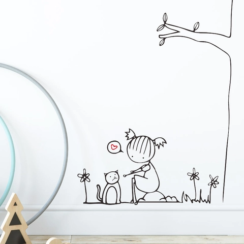 Minimalist Hand Drawn Cartoon Little Girl and Cat Under Tree PVC Wall Sticker For Kids Room Nursery Home Decor DIY Wall Decal
