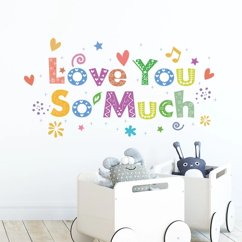 Pegatina de Pared de PVC con Letras de Dibujos Animados Love You So Much Multicolor Corazón Estrella Calcomanía Decorativa para Cuarto