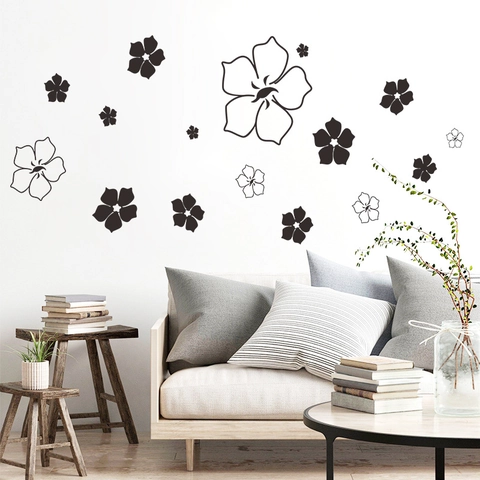 Moderne Nordische Schwarz Weiße Blumen Wandtattoo PVC Hibiskus Floral DIY Dekorative Aufkleber Für Wohnzimmer Schlafzimmer Home Decor