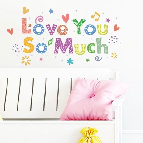 Pegatina de Pared de PVC con Letras de Dibujos Animados Love You So Much Multicolor Corazón Estrella Calcomanía Decorativa para Cuarto