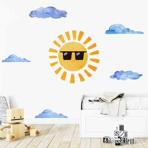Adesivi Murali a Fumetti Sole E Nuvole ad Acquerello Decalcomanie da Parete in PVC Rimovibili per Camera dei Bambini Decorazione FX-D94