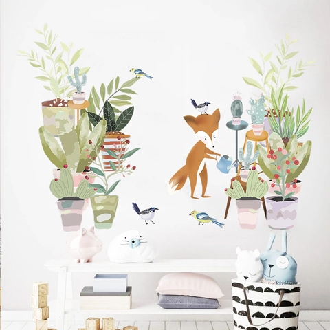 Adhesivo de Pared Zorro Dibujos Animados Regando Plantas PVC DIY Removible Animal Pájaro Cactus Calcomanía Para Cuarto Niños