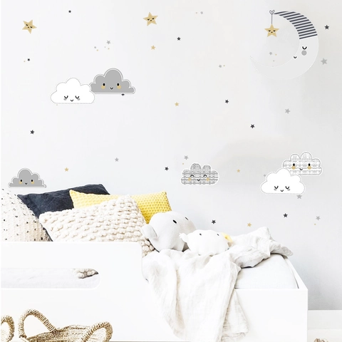 Cartoon Cloud Moon Star PVC Wall Stickers For Kids Room Nursery Bedroom Self Adhesive DIY Decor Gray White Yellow Stickers