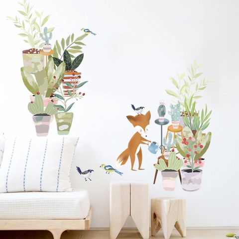 Adhesivo de Pared Zorro Dibujos Animados Regando Plantas PVC DIY Removible Animal Pájaro Cactus Calcomanía Para Cuarto Niños