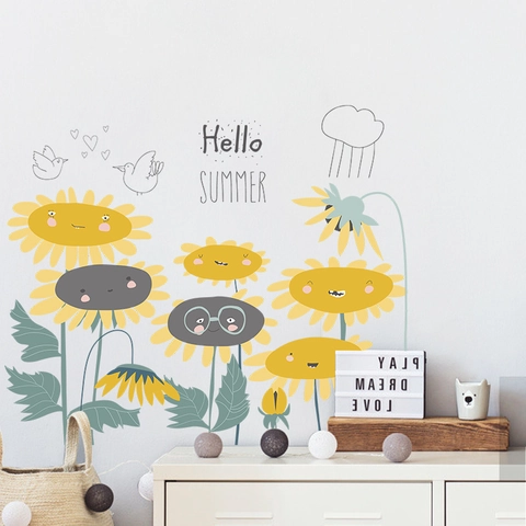Cartoon Sunflower Wall Stickers For Kids Room Removable PVC Decals For Nursery Bedroom Decor Hello Summer Pattern