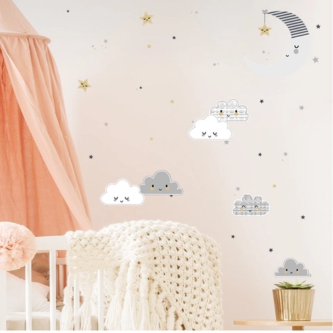 Adesivi Murali Cartone Animato Luna Nuvola Stella Decorazione Cameretta PVC Autoadesivo Per Camera Dei Bambini Casa