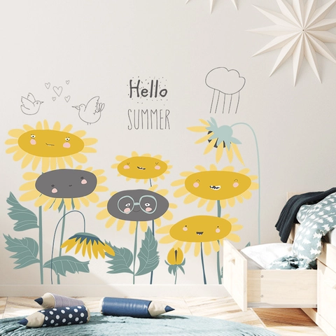 Cartoon Sunflower Wall Stickers For Kids Room Removable PVC Decals For Nursery Bedroom Decor Hello Summer Pattern