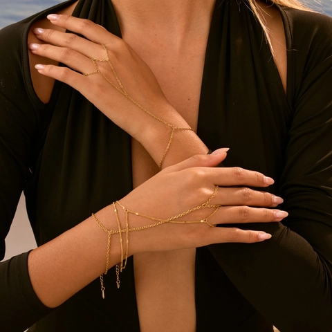 Stainless Steel Hand Harness Ring Bracelet For Women Geometric Chain Link Hand Chain Gold Silver Rhinestone Jewelry