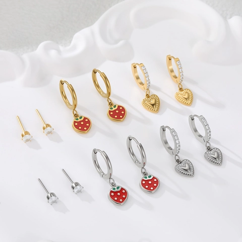 Stainless Steel Strawberry Heart Zirconia Earrings For Women Gold Silver Plated Enamel Fruit Heart Hoop Earrings And Studs Jewelry