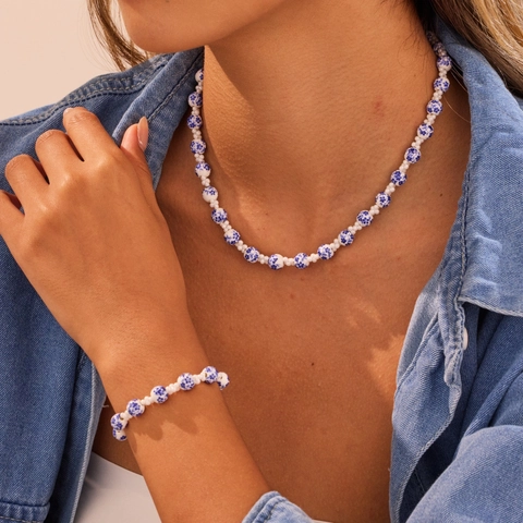 Stainless Steel Blue And White Porcelain Ceramic Bead Necklace Bracelet Jewelry Set For Women Floral Bead Choker Accessory