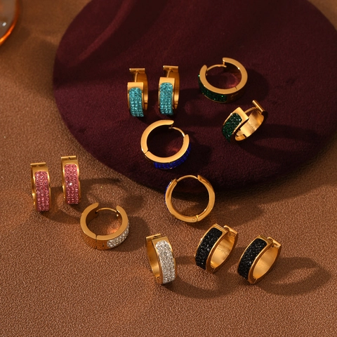 Fashion 18K Gold Plated Stainless Steel Huggie Hoop Earrings Colorful Zirconia Rhinestone Round Earrings For Women Jewelry