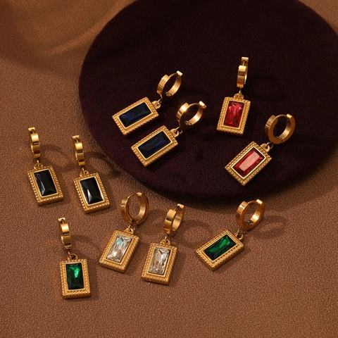 Vintage 18K Vergoldet Edelstahl Quadratisch Zirkonia Creolen Hänger Ohrringe Für Damen Elegant Geometrisch Schmuck Geschenk