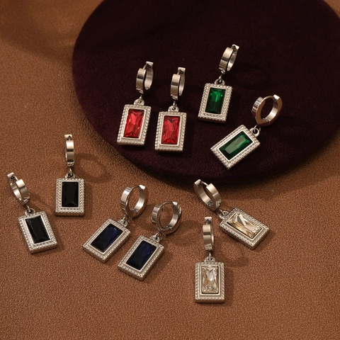 Vintage 18K Vergoldet Edelstahl Quadratisch Zirkonia Creolen Hänger Ohrringe Für Damen Elegant Geometrisch Schmuck Geschenk