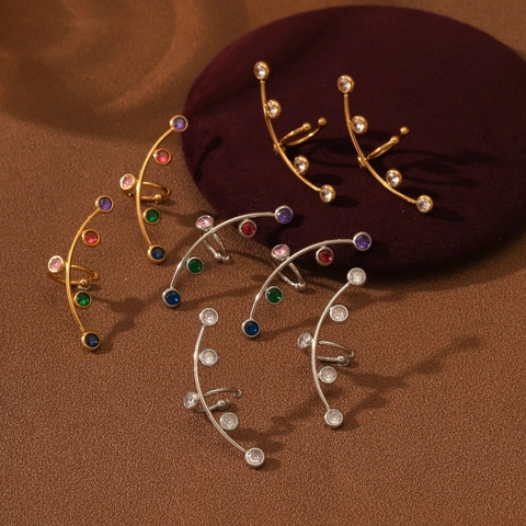 18K Vergulde Roestvrij Stalen Gekleurde Zirconia Oormanchetten Vintage Luxe Geometrische Oorklimmers Voor Vrouwen Sieraden