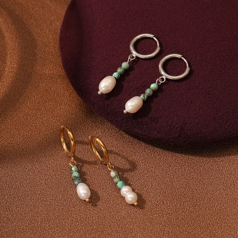 Orecchini Pendenti in Acciaio Inossidabile Turchese Naturale Perla Artificial Barocca Moda Leggera Gioielli Lusso Donna Regalo