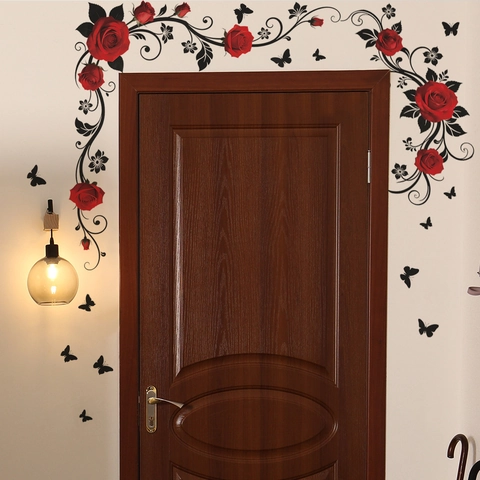 Adesivo da Parete Rosa Rossa Vite Nera Con Farfalle Decalcomania Murale Floreale Decorativa in PVC per Camera da Letto
