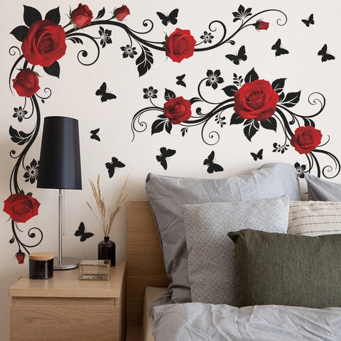 Adesivo da Parete Rosa Rossa Vite Nera Con Farfalle Decalcomania Murale Floreale Decorativa in PVC per Camera da Letto