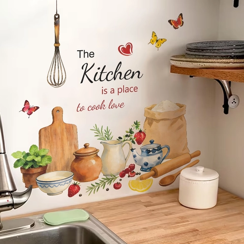 Watercolor Kitchen Utensils PVC Wall Sticker The Kitchen Is A Place To Cook Love Quote Decorative Removable Wallpaper For Home Dining Room