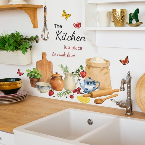 Watercolor Kitchen Utensils PVC Wall Sticker The Kitchen Is A Place To Cook Love Quote Decorative Removable Wallpaper For Home Dining Room