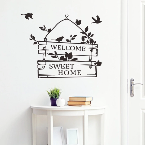Αυτοκόλλητο Τοίχου PVC Welcome Sweet Home Με Πουλιά Και Φύλλα Αφαιρούμενο Μαύρο Καλλιτεχνικό Αυτοκόλλητο Για Καθιστικό Σπιτιού