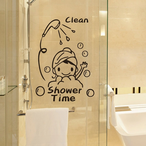 Cute Cartoon Bathing Girl Bathroom Wall Sticker Waterproof PVC Glass Bathtub Decor Clean Shower Time Line Art Decal