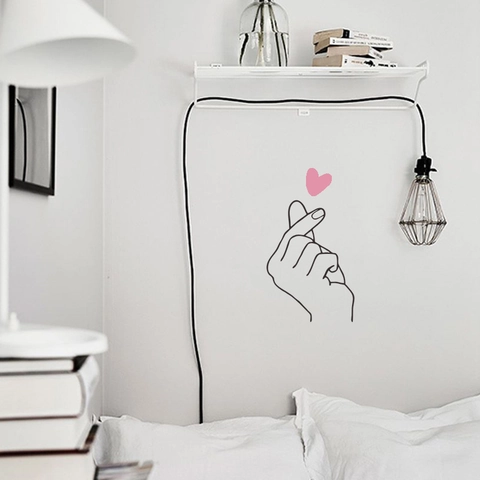 Modernes Minimalistisches Herz Finger Geste PVC Wandtattoo Kreative Rosa Herz Linie Kunst Abnehmbar DIY Aufkleber Für Schlafzimmer Deko