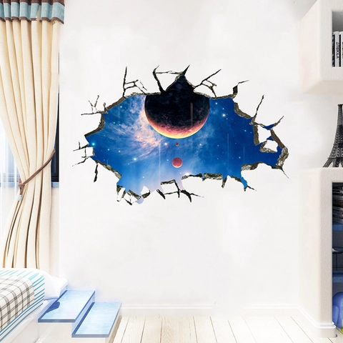 3D Universum Weltraum Gebrochen Wandaufkleber Riesiger Planet Galaxie Wandtattoos Für Kinderzimmer Heimdekoration Wasserdichtes PVC Poster
